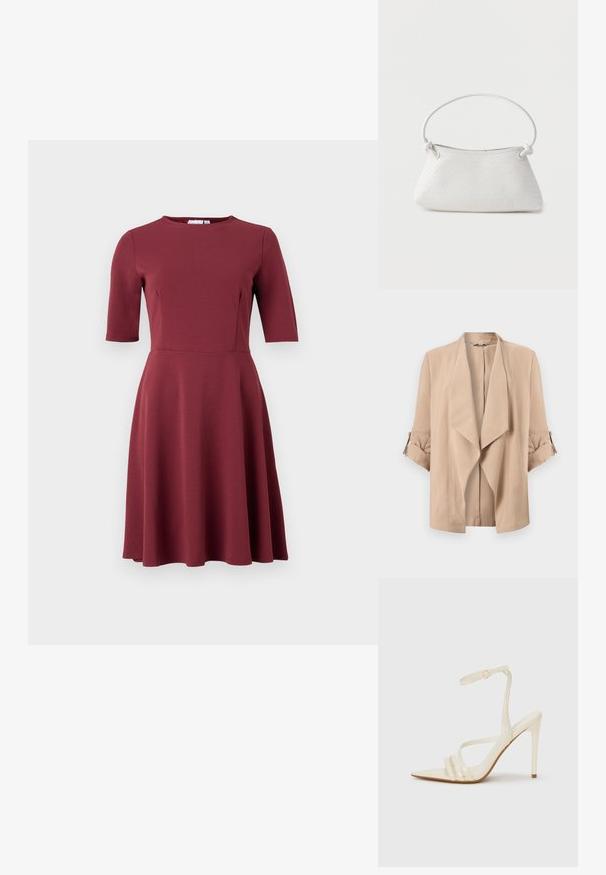Beige Jacke mit offenem Vorderteil, Wasserfallrevers und dreiviertellangen Ärmeln mit aufgerollten Manschetten und Knopfmanschetten.; Burgunderfarbendes Kleid mit rundem Ausschnitt, kurzen Ärmeln, tailliertem Oberteil und ausgestelltem Rock. Hergestellt aus glattem Stoff ohne sichtbare Muster oder Verzierungen.; Beige Sandaletten mit hohem Absatz und spitzer Schuhspitze, ausgestattet mit drei vorderen Riemen und einem dünnen Knöchelriemen mit Schnalle. Glatte Textur, minimalistisches Design.; Weiße gewebte Lederhandtasche mit abgerundetem Griff und verknoteten Riemenenden, vor schlichtem Hintergrund präsentiert.