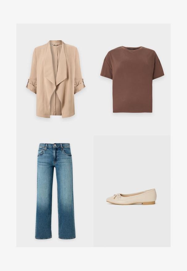 Veste beige à ouverture devant avec revers cascade et manches trois-quarts dotées de poignets retroussés et pattes boutonnées.; T-shirt marron à manches courtes et col rond, coupe décontractée, design uni, sans logos ni motifs visibles sur fond blanc uni.; Jean en denim bleu à jambes larges avec fermeture bouton et zip, poches avant et passants pour ceinture sur un fond clair.; Ballerines beiges en matériau synthétique lisse. Dotées d'un petit talon carré, elles présentent un détail noué avec des accents dorés à l'avant.