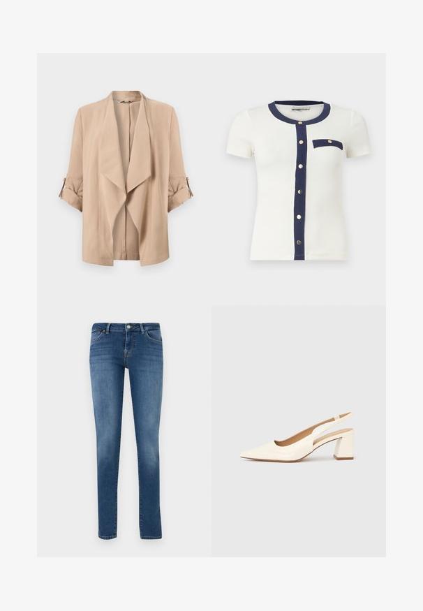 Veste beige à ouverture devant avec revers cascade et manches trois-quarts dotées de poignets retroussés et pattes boutonnées.; Haut blanc à manches courtes avec bordure bleu marine le long du col rond, patte de boutonnage avant et poche poitrine unique avec boutons dorés.; Jean denim bleu slim avec bouton frontal, fermeture éclair et design à cinq poches sur un fond clair uni.; Escarpin slingback en cuir verni crème brillant, avec un bout pointu et un talon carré épais pour la stabilité. Design minimaliste, sans ornements.