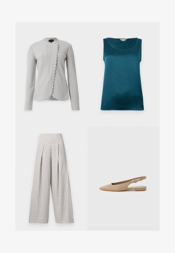 Lichtgrijs, gestructureerd lang mouw jasje met golvend verticaal patroon en geschulpte asymmetrische voorkant, weergegeven op een witte achtergrond.; Mouwloze teal satijnen blouse met ronde halslijn en glad, glanzend textuur, plat gelegd op een witte achtergrond.; Lichtgrijze wijde broek met een textuurpatroon dat lijkt op kleine driehoeken, met een hoge taille en plooien voor extra structuur.; Beige platte slingback schoenen met een spits toelopende neus, een klein hakje en een verstelbare gespsluiting, afgebeeld op een effen lichte achtergrond.