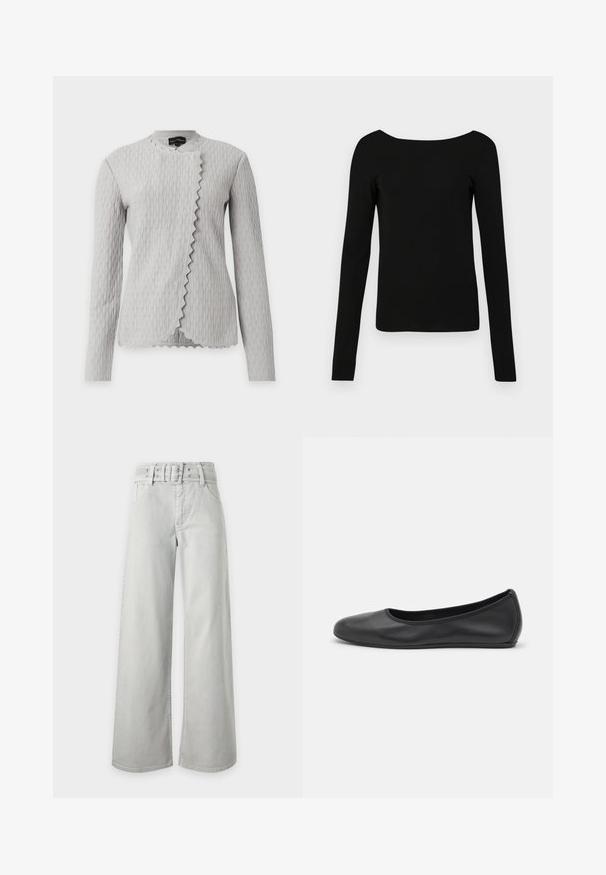 Veste à manches longues gris clair texturée, à motif vertical ondulé et bord avant asymétrique festonné, exposée sur fond blanc.; Haut noir à manches longues avec un large col, design ajusté et texture lisse. Aucun motif ni hardware visible.; Jean gris clair taille haute à jambes larges, avec poches avant, passants de ceinture et ceinture en tissu assortie avec boucle.; Ballerines en cuir noir avec un bout rond, texture lisse, détails de couture minimalistes et design de semelle flexible.