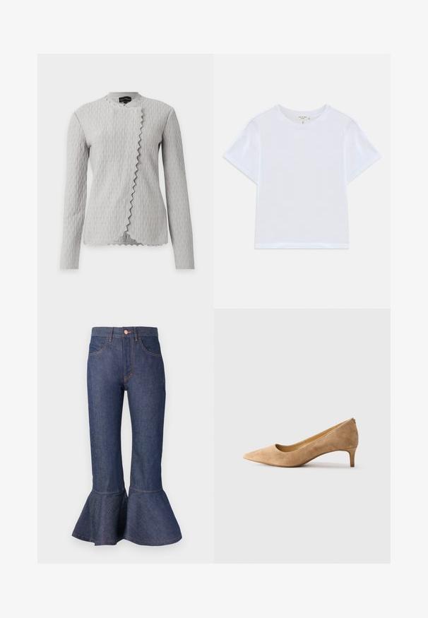 Lichtgrijs, gestructureerd lang mouw jasje met golvend verticaal patroon en geschulpte asymmetrische voorkant, weergegeven op een witte achtergrond.; Witte cropped t-shirt van zacht katoen, met een ronde hals en korte mouwen in een iets ontspannen pasvorm. Geen patronen of accenten.; Donkerblauwe denim flared jeans met een gerimpelde zoom, vijf zakken en contrasterende oranje stiksels. Middenhoogte tailleband met een sluiting met een voorknop.; Beige suède pumps met een spitse toe en een lage kittenheel, zijaanzicht op een witte achtergrond.