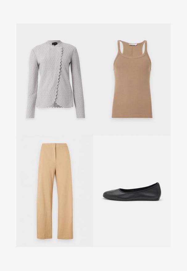 Veste à manches longues gris clair texturée, à motif vertical ondulé et bord avant asymétrique festonné, exposée sur fond blanc.; Débardeur beige en maille côtelée sans manches avec un dos nageur et un col rond, présenté à plat sur un fond clair.; Pantalon beige taille haute à jambes larges avec un détail simple de couture frontale et une fermeture dissimulée, présenté sur fond blanc.; Ballerines en cuir noir avec un bout rond, texture lisse, détails de couture minimalistes et design de semelle flexible.