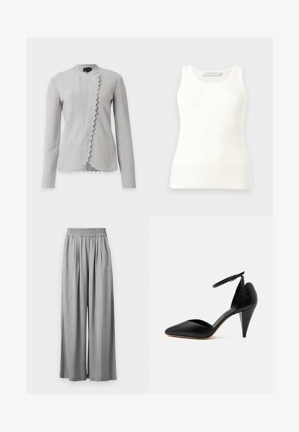 Veste à manches longues gris clair texturée, à motif vertical ondulé et bord avant asymétrique festonné, exposée sur fond blanc.; Débardeur blanc côtelé sans manches avec encolure ronde, coupe ajustée, et étiquette de la marque à l'intérieur du col arrière.; Pantalon gris clair à jambes larges avec taille élastique et plis subtils, présenté à plat sur un fond blanc.; Escarpin en cuir noir à bout pointu avec bride à la cheville et talon conique sur fond blanc.