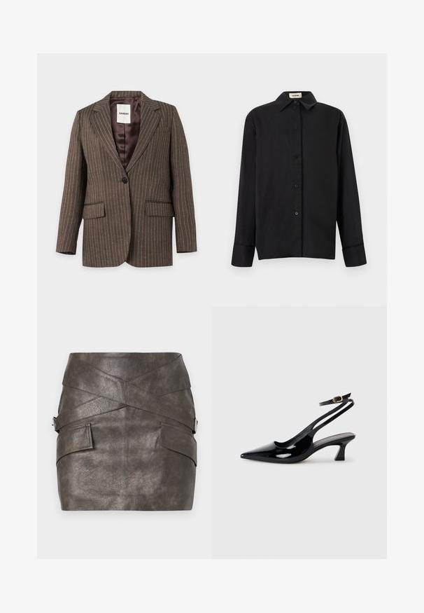 Brauner Nadelstreifen-Blazer mit einem Knopf, Revers mit Kerbe, aufgesetzten Taschen vorne und einem glatten Satin-Futter mit Sandro-Label.; Schwarzes, langärmeliges Hemd mit Knöpfen, spitzem Kragen und Manschetten, flach ausgelegt mit sichtbarem Markenlabel "Aeron" im Krageninneren.; Dunkelgrauer Kunstleder-Minirock mit asymmetrischem Design, das Überlappungsdetails und Seitentaschen mit metallischen Hardware-Akzenten bietet.; Schwarze Lackleder Slingback-Absätze mit spitzem Schuhblatt, niedrigem Blockabsatz und verstellbarem Knöchelriemen mit goldener Schnalle.