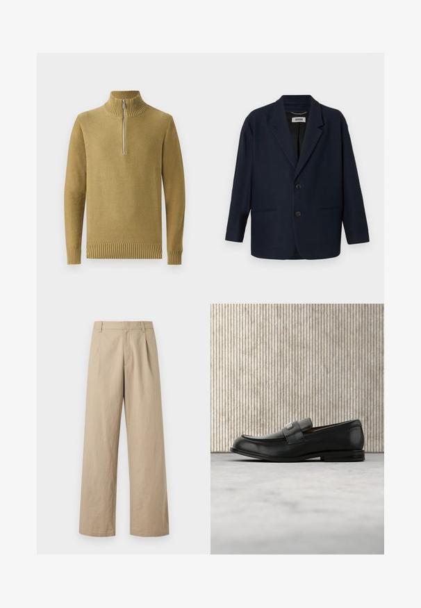 Dunkelblazer in Marineblau mit zwei vorderen Knöpfen, Reverskragen und zwei Paspeltaschen, mit dem Label Drykorn am inneren Kragen.; Olivgrüner Strickpullover mit hohem Rippenkragen, halbmilchigem Reißverschluss vorne und gerippten Bündchen und Saum. Glatte Textur, lässiges Design.; Beige weit geschnittene Hose mit Gürtelschlaufen, Reißverschluss vorne und Falten, auf weißem Hintergrund dargestellt.; Schwarzer Lederloafer mit einer Metallmarkenplatte, der nahe einem braunen runden Tisch auf beigem Teppichboden ruht.