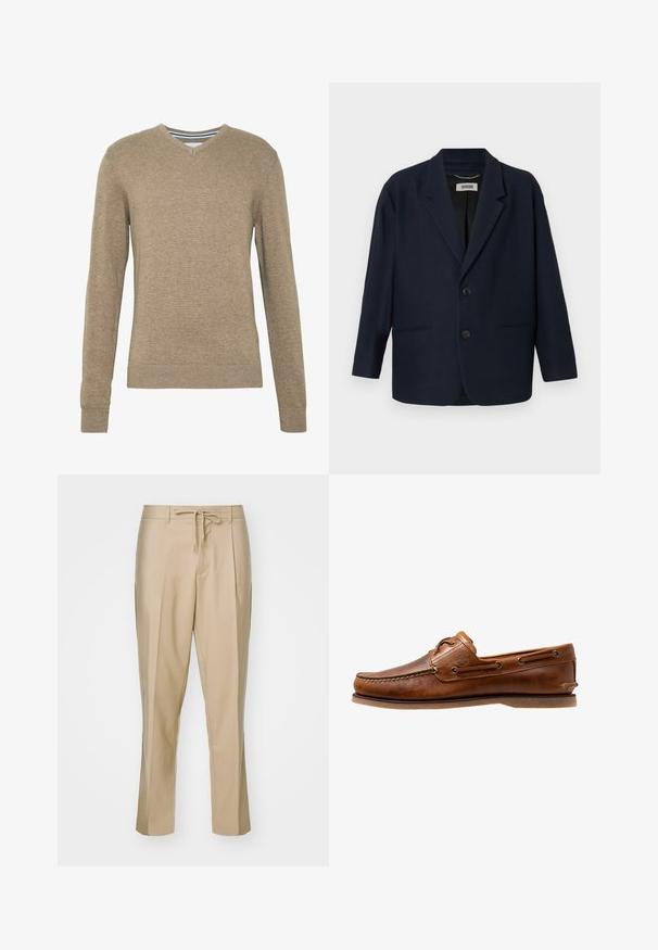 Blazer azul marino oscuro con dos botones frontales, solapas con corte en pico y dos bolsillos de ojal, etiquetado como Drykorn en el cuello interior.; Suéter con cuello en V hecho de un suave tejido de punto en marrón claro, con mangas largas y puños y bajo acanalados. Textura sutil en toda la tela.; Pantalones beige a medida con cintura ajustable y perneras rectas, y dos bolsillos laterales. Hechos de una tela suave, con pliegues definidos.; Zapato de barco de cuero marrón con acentos de costura, con ojales de metal, una costura elevada en la puntera y una suela de goma plana.