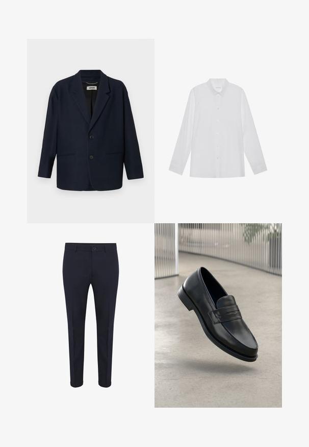 Blazer bleu marine foncé avec deux boutons à l'avant, revers crantés et deux poches passepoilées, étiqueté Drykorn à l'intérieur du col.; Chemise blanche à manches longues en tissu lisse, dotée d'un col pointu, d'une fermeture à boutons sur le devant et de poignets à un bouton.; Pantalons taillés bleu marine en tissu lisse, avec fermeture par bouton, poches avant et ourlets retournés. Design slim fit avec des lignes épurées.; Mocassin en cuir noir à texture lisse, bout pointu et bande décorative sur le cou-de-pied. Semelle légère, design minimaliste.