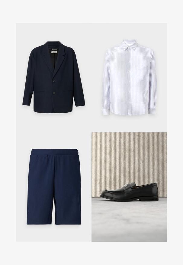 Dunkelblazer in Marineblau mit zwei vorderen Knöpfen, Reverskragen und zwei Paspeltaschen, mit dem Label Drykorn am inneren Kragen.; Gestreiftes Button-Up-Hemd in Hellblau und Weiß. Mit einem spitzen Kragen, langen Ärmeln und einer einzelnen Brusttasche. Aus Baumwollstoff.; Navyblaue Sportshorts mit gerippter Textur, elastischem Bund und geradem Schnitt, entworfen für Komfort und Bewegungsfreiheit.; Schwarzer Lederloafer mit einer Metallmarkenplatte, der nahe einem braunen runden Tisch auf beigem Teppichboden ruht.