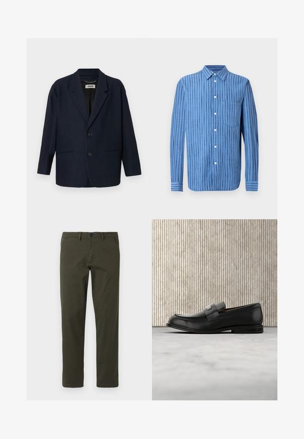Mørk marineblå blazer med to frontknapper, notch lapeller og to paspolerede lommer, mærket Drykorn på indersiden af kraven.; Blå langærmet skjorte med knapper og lodrette sorte striber samt en brystlomme foran, vist på en hvid baggrund.; Olivengrønne, lige ben bukser lavet af en blanding af bomuldsstof. Har en lynlås foran, bæltesløjfer og to sidelommer. Glat tekstur.; Sort læderloafer med metalbrandskilt hvilende nær et brunt rundt bord på beige tæppe.