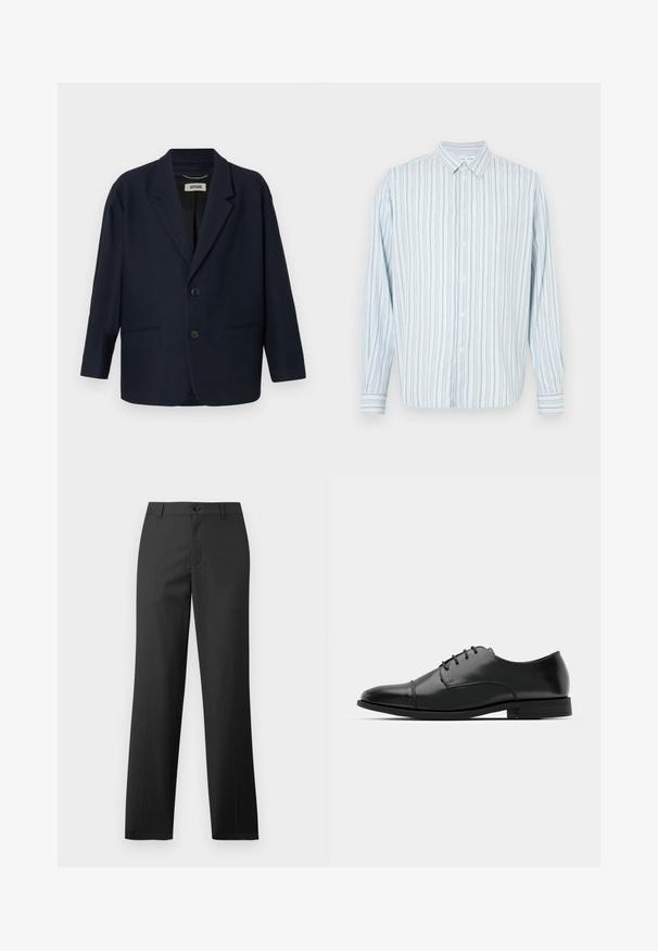 Blazer bleu marine foncé avec deux boutons à l'avant, revers crantés et deux poches passepoilées, étiqueté Drykorn à l'intérieur du col.; Chemise bleu clair à manches longues avec boutons, rayures verticales étroites noires et blanches, col pointu, présentée sur un fond blanc.; Samsøe Samsøe SAJOHNNY TROUSERS - Pantalon classique - turkish coffee; Chaussure habillée noire en cuir avec un bout rond, un laçage, des détails de couture subtils et un petit talon. Texture lisse avec une finition polie.