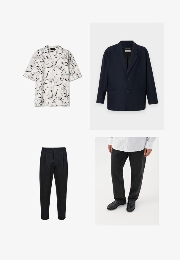Donkerblauwe blazer met twee knopen aan de voorkant, notch revers en twee paspelzakken, gelabeld Drykorn op de binnenste kraag.; Korte mouw, open-kraag shirt met een witte basis en zwarte en grijze bloemenpatronen. Lichtgewicht stof met knoopdetails.; Zwarte broek van een gladde stof, met een geplooide voorkant, taps toelopende pasvorm en opgerolde mouwen. Eenvoudige knoopsluiting bij de taille.; Zwarte denim broek gecombineerd met glanzende zwarte instappers. Het shirt is wit met dunne verticale strepen, heeft lange mouwen en een geknoopte kraag.