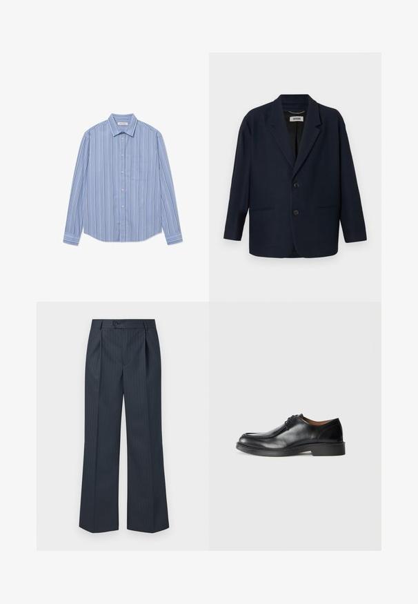 Blazer azul marino oscuro con dos botones frontales, solapas con corte en pico y dos bolsillos de ojal, etiquetado como Drykorn en el cuello interior.; Camisa de botones de manga larga en color azul claro con rayas verticales. Presenta un collar puntiagudo y un bolsillo en el pecho. Está hecha de una tela suave.; Pantalones de pierna ancha a rayas marinas con pliegues frontales, cierre de un botón y tela suave. Presentan rayas verticales verdes como detalle.; Zapato de vestir de cuero negro con punta redonda, superficie lisa, detalles de cordones y suela de goma texturizada baja. Líneas limpias y diseño minimalista.