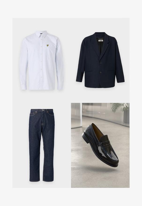 Dunkelblazer in Marineblau mit zwei vorderen Knöpfen, Reverskragen und zwei Paspeltaschen, mit dem Label Drykorn am inneren Kragen.; Hellblau gestreifte Button-Down-Hemd mit einem kleinen gelben Logo auf der Brusttasche. Mit klassischem Kragen und langen Ärmeln. Aus Baumwollmaterial.; Dunkelblaue Denimjeans mit geradem Bein-Design. Verfügt über einen Knopf- und Reißverschluss, fünf Taschen und Kontrastnähte.; Schwarze Lacklederloafers mit einer gestickten Akzentuierung, runder Zehenpartie, niedrigem Absatz und glatter Oberfläche, vor einem neutralen Hintergrund präsentiert.