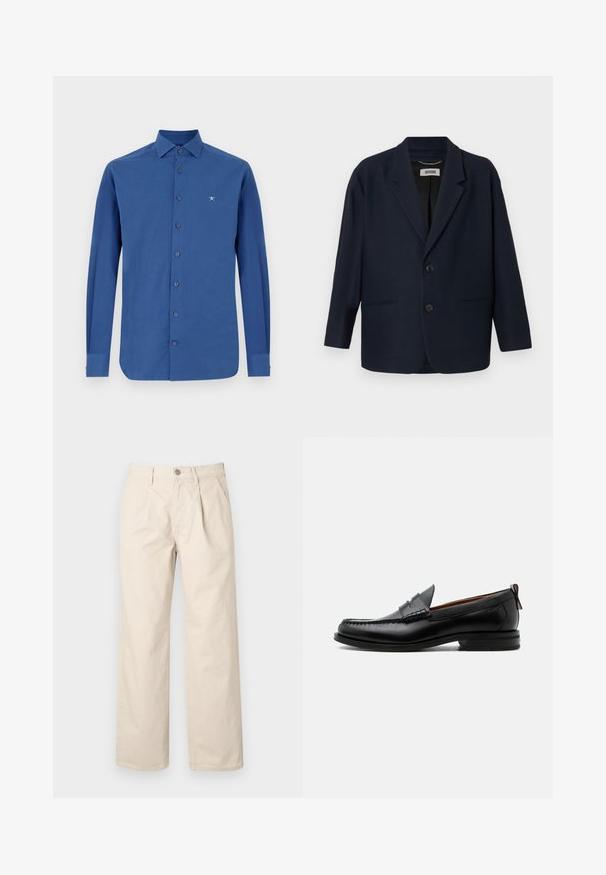 Blazer azul marino oscuro con dos botones frontales, solapas con corte en pico y dos bolsillos de ojal, etiquetado como Drykorn en el cuello interior.; Camisa azul de manga larga hecha de algodón, con un cierre frontal de botones, un cuello clásico y un sutil bordado del logo en el pecho.; Pantalones de pierna ancha beige con cintura alta, que cuentan con pliegues frontales, cierre con botón en la parte delantera y una suave tela de algodón.; Mocasín de hombre de piel negra con costura moc toe, tira penny, cuello texturizado y tacón bajo apilado sobre fondo blanco.