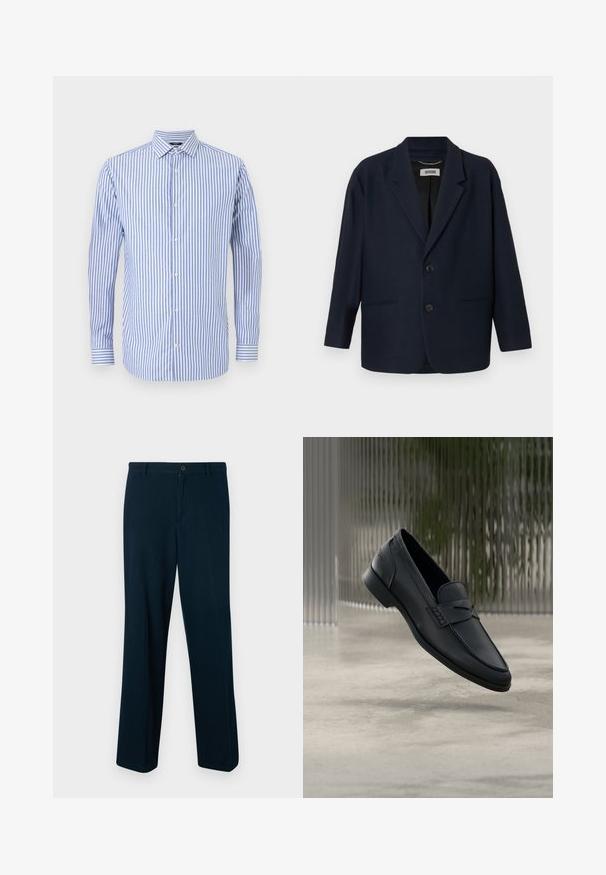 Blazer bleu marine foncé avec deux boutons à l'avant, revers crantés et deux poches passepoilées, étiqueté Drykorn à l'intérieur du col.; Chemise à rayures bleues et blanches, à boutonnage avec col, manches longues et ourlet droit. Tissu doux et coupe classique.; Pantalons bleu marine en tissu lisse, dotés d'une fermeture à bouton, d'une coupe droite et d'un design minimaliste.; Mocassin en cuir noir à finition lisse, bout pointu et détails cousus sur le dessus. Talon bas et design minimaliste.