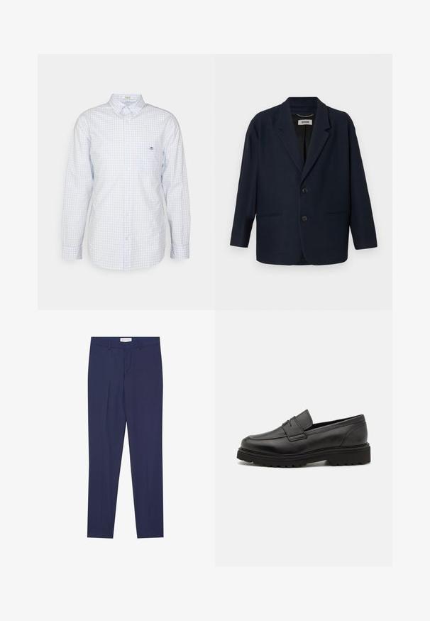 Blazer azul marino oscuro con dos botones frontales, solapas con corte en pico y dos bolsillos de ojal, etiquetado como Drykorn en el cuello interior.; Camisa de cuadros azul claro con botones y mangas largas, cuello y pequeño logo en el pecho. Hecha de algodón y con una textura suave.; Pantalones de vestir de color navy, confeccionados en una tela suave, con un corte plano en la parte delantera, dos bolsillos laterales, cremallera y dobladillo limpio sin patrones ni acentos.; Mocasín de cuero negro con punta redonda, detalles de costura y suela gruesa y texturizada. Presenta un diseño elegante y minimalista.