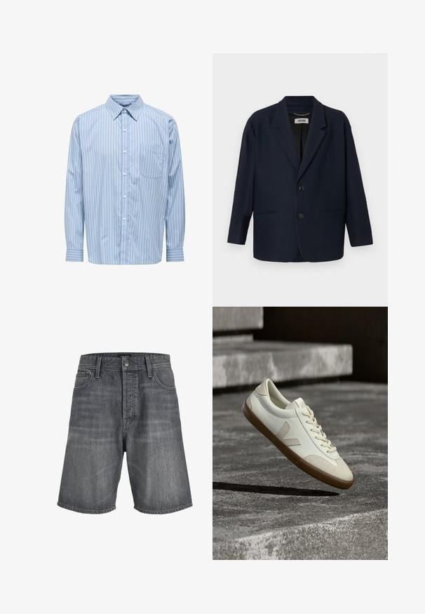 Blazer bleu marine foncé avec deux boutons à l'avant, revers crantés et deux poches passepoilées, étiqueté Drykorn à l'intérieur du col.; Chemise à manches longues bleu clair avec des rayures verticales blanches, col boutonné, poche poitrine unique et détails aux poignets. Texture de tissu lisse.; Short en denim noir délavé avec bouton à l'avant, passants de ceinture et design cinq poches.; Baskets en cuir blanc avec semelle en caoutchouc beige, lacets plats et accent en forme de V sur le côté. Présentent une surface lisse et peu de détails de couture.