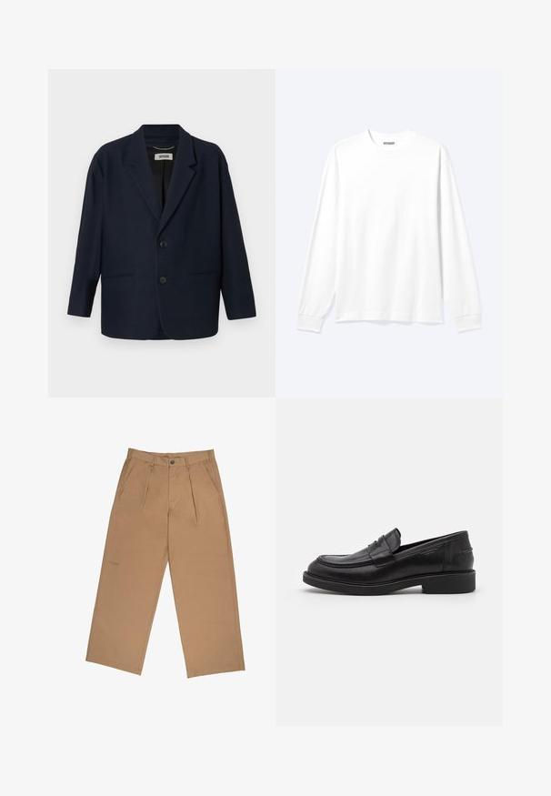 Dunkelblazer in Marineblau mit zwei vorderen Knöpfen, Reverskragen und zwei Paspeltaschen, mit dem Label Drykorn am inneren Kragen.; Langärmliges, schlichtes weißes Hemd mit Rundhalsausschnitt und gerippten Bündchen, dargestellt auf einem neutralen hellen Hintergrund.; Helle Hose aus einem glatten Stoff, mit Falten, Knopfverschluss und einem gestickten Logo nahe dem Saum.; Schwarze Lederloafer mit abgerundetem Zeh, farblich abgestimmtem Nähen und einem Riemendetail an der Vorderseite. Gummi-Sohle mit niedrigem Absatz.