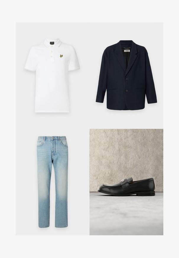 Blazer bleu marine foncé avec deux boutons à l'avant, revers crantés et deux poches passepoilées, étiqueté Drykorn à l'intérieur du col.; Polo blanc à manches courtes avec col, trois boutons et un petit logo d’oiseau jaune et noir sur la poitrine gauche.; Jeans bleu clair fabriqués en denim, présentant un design à jambe droite, une structure à cinq poches et un effet délavé au niveau des cuisses.; Mocassin en cuir noir avec une plaque de marque en métal reposant près d'une table ronde marron sur un sol recouvert de moquette beige.