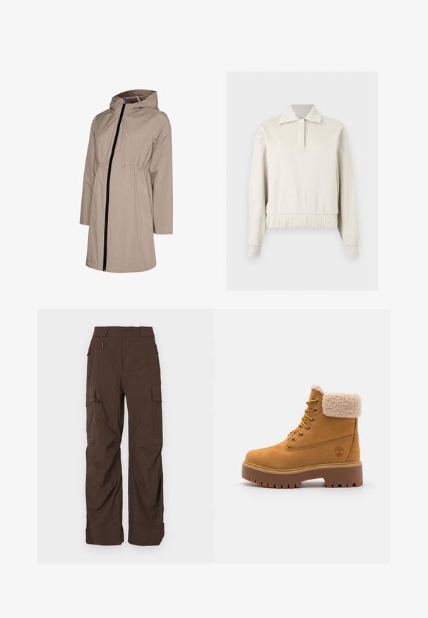 Beige lange regenjas met capuchon, zwarte rits aan de voorkant, elastische taille en zijzakken, afgebeeld tegen een witte achtergrond.; Beige pullover met lange mouwen, een kraag, een knoopsluiting aan de voorkant, geribde manchetten en een elastische tailleband tegen een effen achtergrond.; Bruine cargobroek met een rechte snit, gemaakt van een duurzame stof. Bevat meerdere zakken en een veilige taillebandontwerp.; Tan suède laars met een nepbont kraag, gouden oogjes en een contrasterende rubberen zool. Voorzien van een logo op de zijkant en een gestructureerde loopvlak.