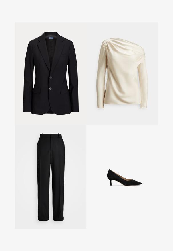 Schwarzer Herrenblazer mit zwei Knöpfen, Stegkragen, Pattentaschen und Brusttasche, auf einfarbigem Hintergrund gezeigt.; Satin-Langarmshirt in Off-White mit drapiertem Design und asymmetrischem Ausschnitt, ausgestattet mit strukturiertem Stoff und minimalistischem Reißverschluss an der Seite.; Polo Ralph Lauren HIGH RISE RELAXED STRAIGHT TROUSER - Stoffhose - black; Schwarzer Wildleder-Pumps mit spitzem Zehenbereich, niedrigem quadratischen Absatz und glattem Innenfutter. Einfaches Design ohne sichtbare Muster oder Akzente.