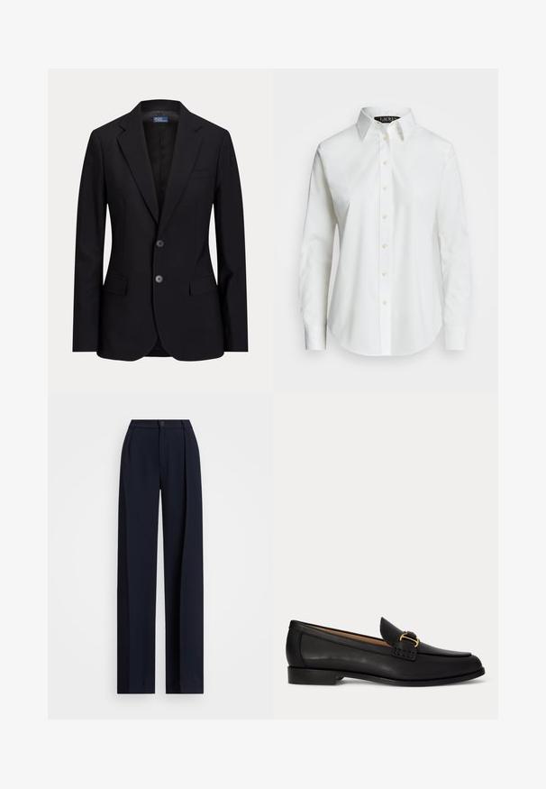Zwarte tweeknopsherenblazer met inkeping revers, klepzakken en een borstzak, getoond op een effen achtergrond.; Witte lange mouwen button-up blouse van katoen. Bevat een klassieke kraag, zeven knopen en een subtiele logo geborduurd op de borst.; Marine brede broek met plooien, een knoopsluiting en een gladde stofstructuur. Ontworpen voor een losse, comfortabele pasvorm.; Zwarte leren loafer met een kleine hak en decoratieve gouden gesp aan de voorkant, zijaanzicht op een witte achtergrond.