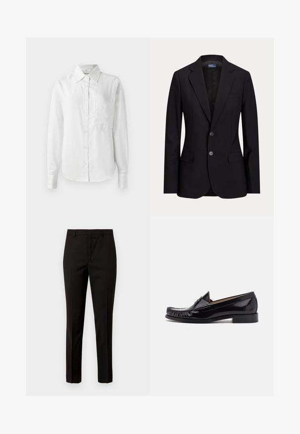 Blazer noir pour homme à deux boutons avec revers crantés, poches à rabat et une poche poitrine, présenté sur un fond uni.; Chemise blanche à manches longues, en tissu lisse, dotée d'un col pointu, d'une poche avant et de poignets boutonnés pour un look ajusté.; Pantalons noirs ajustés avec une coupe droite, fabriqués en tissu lisse, dotés d'une taille plate et de passants de ceinture. Aucun motif ni accent visible.; Mocassin en cuir noir avec une finition brillante, présentant des franges à l'avant et un petit talon empilé.