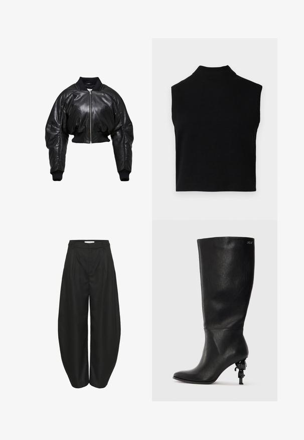 Veste bomber noire en cuir coupée avec des poignets et un col en tricot côtelé, dotée d'une fermeture zippée à l'avant et de deux poches latérales.; Haut noir sans manches avec col roulé, au design ajusté, fabriqué en tissu doux, avec un col côtelé et une texture lisse.; Pantalons noirs taille haute à jambes larges avec plis, passants de ceinture et fermeture frontale dissimulée, conçus par Gestuz.; Botte noire à mi-mollet en cuir lisse. Elle possède un bout pointu et un talon sculptural distinctif avec un accent décoratif.