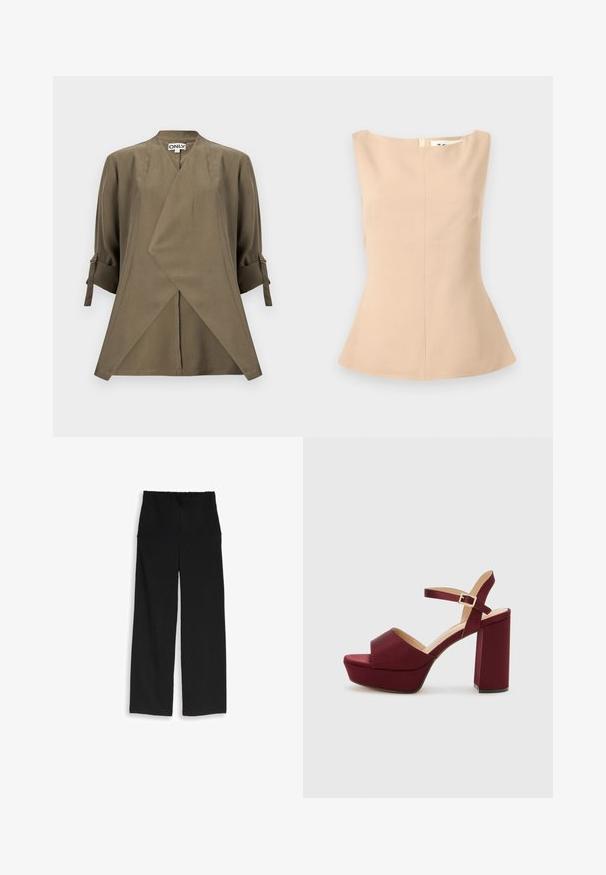 Blouse portefeuille vert olive avec manches trois-quarts, poignets à brides ajustables et col en V légèrement plongeant.; Haut sans manches beige pour femme avec encolure bateau, taille cintrée et ourlet légèrement évasé sur un fond gris clair.; Pantalon large noir texturé avec taille élastique, présenté à plat sur un fond clair.; Sandales à plateforme bourgogne avec un bout ouvert, un talon bloc épais, une sangle de cheville et une finition satinée. Présente un design à l'avant en croisé.