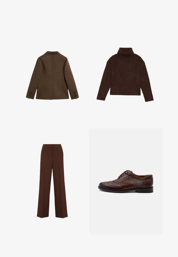 Braune Wollblazer-Jacke, von hinten mit Reverskragen und geknöpften Manschetten auf weißem Hintergrund gezeigt.; Brauner gerippter Rollkragensweater mit langen Ärmeln und einer kurzen Silhouette, der ein dickes, strukturiertes Strickdesign aufweist.; Braune weit geschnittene Hosen mit glatter Textur, die einen strukturierten Taillenbund und subtile Falten auf der Vorderseite aufweisen.; Brauner Herren-Wingtip-Lederschuh mit Brogue-Details und karierten Stoff-Seitenteilen, von der Seite auf weißem Hintergrund dargestellt.