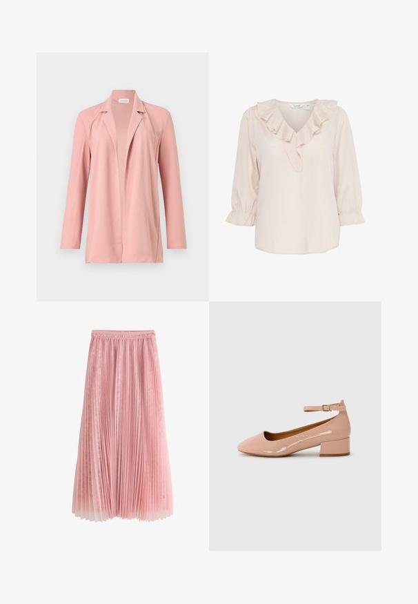 Blazer de manga larga de color rosa claro con apertura frontal y cuello con solapa, mostrado sobre un fondo claro y sencillo.; Blusa de color beige claro con escote en V, detalles de volantes a lo largo del cuello y mangas abullonadas de tres cuartos con puños elásticos. Textura suave.; Falda midi plisada rosa con una capa inferior de encaje y cinturilla fruncida, mostrada sobre un fondo blanco.; Zapatilla plana de charol rosa con punta redondeada, tira al tobillo y tacón bajo. Textura suave y diseño minimalista.