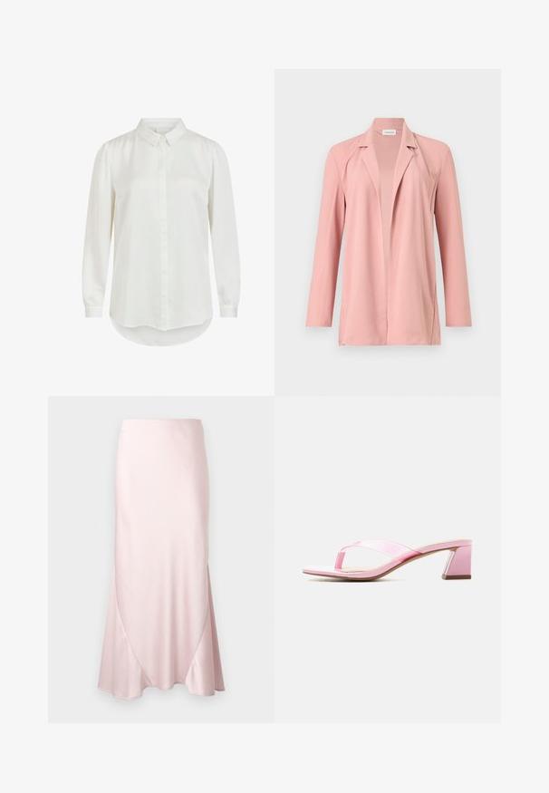Lichtroze lange mouw blazer met open voorkant en reverskraag, afgebeeld tegen een eenvoudige lichte achtergrond.; Witte blouse met lange mouwen en een klassieke kraag, met een gladde textuur en knoopsluiting. Rond gemaakte zoom en licht gepofte mouwen.; Lichtroze satijnen midi-rok met een A-lijn silhouet en subtiele diagonale naaddetails op een effen achtergrond.; Roze open-toe sandaal met transparante bandjes en blokhak tegen een effen witte achtergrond.