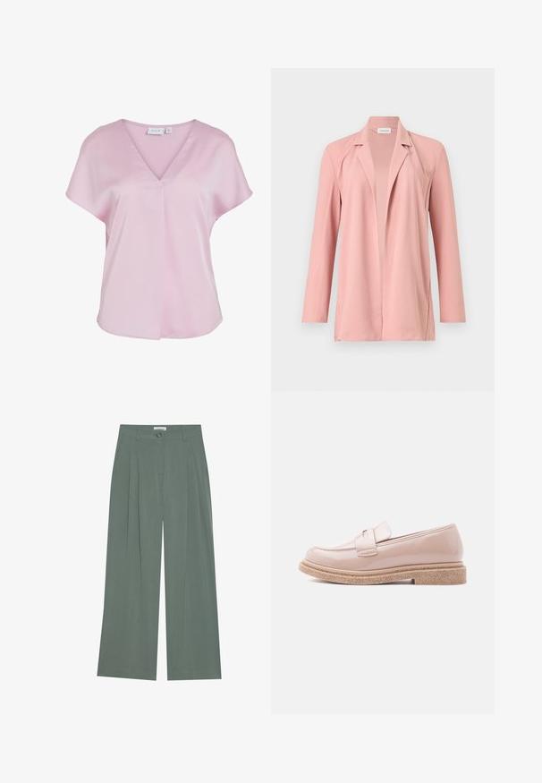 Blazer de manga larga de color rosa claro con apertura frontal y cuello con solapa, mostrado sobre un fondo claro y sencillo.; Blusa rosa claro de manga corta con escote en V y corte suelto, hecha de tela suave, con un pequeño detalle de pliegue en la parte delantera.; Pantalones de pierna ancha verdes con pliegues frontales, cierre de botón y bolsillos laterales. Hechos de una tela suave y ligera con una textura suave.; Mocasín rosa pálido brillante con una suela texturizada en tono beige y una correa a juego sobre la parte superior, mostrado de perfil sobre un fondo claro.
