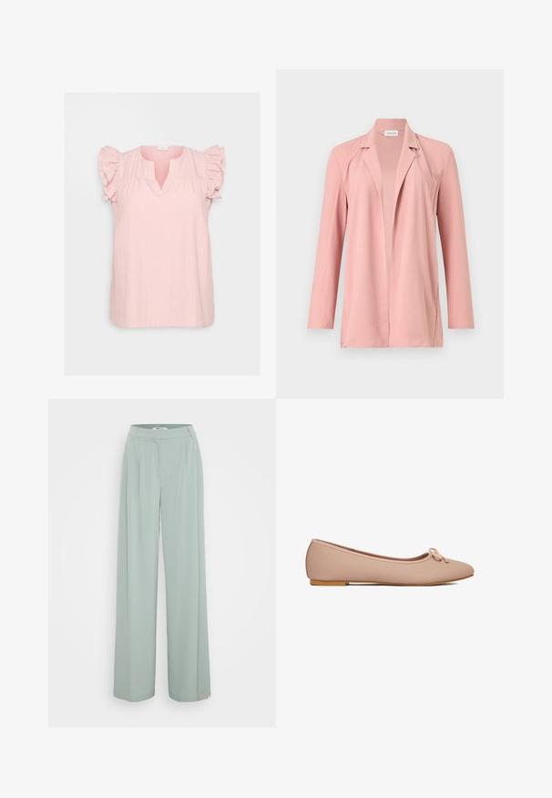 Lyserød langærmet blazer med åben front og reverskrave, vist på en ensfarvet lys baggrund.; Lyserød, letvægts stoftop med V-hals, plisseret front og bløde, flæserede korte ærmer. Casual, afslappet pasform med tekstureret overflade.; Lysgrønne bukser med vide ben og en glat overflade, der har en flad bund og pressefolder ned ad benene.; Beige tekstureret balletflat med rundet tå, lille sløjfedetalje på toppen og flad lysebrun sål, vist fra siden.