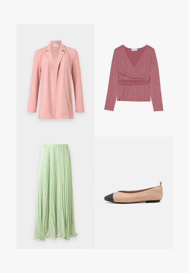 Lyserød langærmet blazer med åben front og reverskrave, vist på en ensfarvet lys baggrund.; Langærmet top i støvet rose, med en indpakningsdesign, samlet materiale ved taljen og v-halsudskæring. Blød tekstur med minimale sømme.; Lys grøn plisseret lang skirt lavet af let stof med elastisk talje, præsenteret mod en hvid baggrund.; Læderballetflade med en nude farve og sort tætsko. Har et minimalistisk design, glat tekstur og en lille bagløkke for nem påføring.