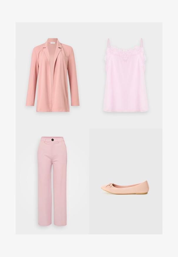 Lichtroze lange mouw blazer met open voorkant en reverskraag, afgebeeld tegen een eenvoudige lichte achtergrond.; Roze top met verstelbare bandjes, voorzien van een delicate kantafwerking langs de halslijn en een gladde, zachte stoftekstuur.; Lichtroze wijde broek met een gladde textuur, voorzien van een zwarte knoop en een klassiek ontwerp van de tailleband. Geen extra zakken zichtbaar.; Balletflat in lichtroze synthetisch materiaal met een ronde neus, voorzien van een klein strikdetail en een flexibele zool.