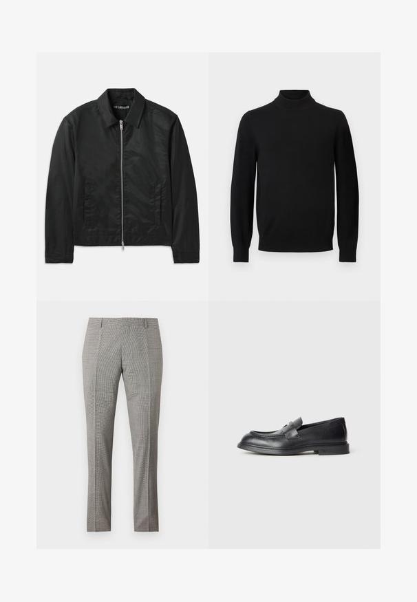 Han Kjøbenhavn BOXY JACKET - Veste mi-saison - black; Pull noir à manches longues avec un col montant côtelé et des poignets côtelés, présenté sur un fond gris uni.; Pantalon habillé gris sur mesure avec passants de ceinture et motif à carreaux subtil, présenté à plat sur un fond blanc.; Mocassins en cuir noir avec une finition texturée, dotés d'une bride décorative à l'avant et d'un bout arrondi. Semelle en caoutchouc pour plus de durabilité.