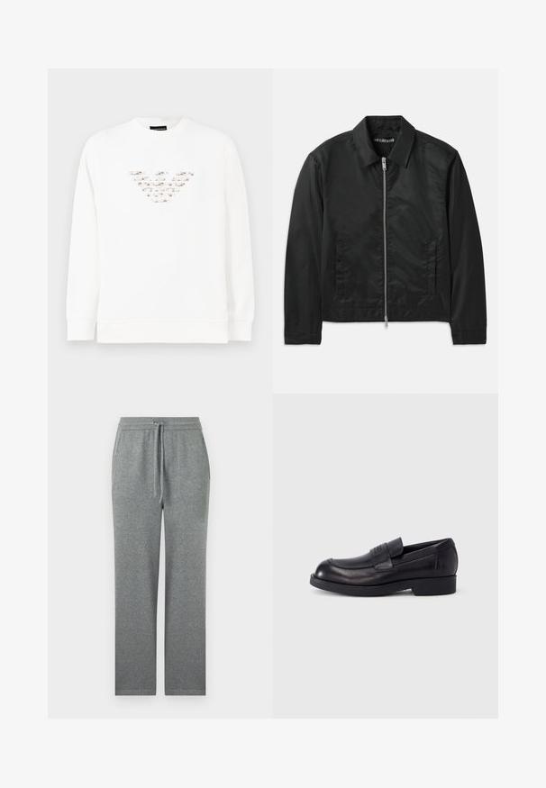 Han Kjøbenhavn BOXY JACKET - Kerge jope - black; Valge sviiter, millel on keskel tekstuurne, mitmevärviline logo kujundus. Pikkade varrukatega ja ribaga ümber kaela. Pehme materjal.; Hallid sirged dressipüksid elastse vöökohaga ja nööriga, millel on küljetaskud, tavalise valge taustaga.; Must nahast loafer madala kontsaga ja ülevalt rihmaga, rihmal on reljeefne logo, näidatud küljel valgel taustal.
