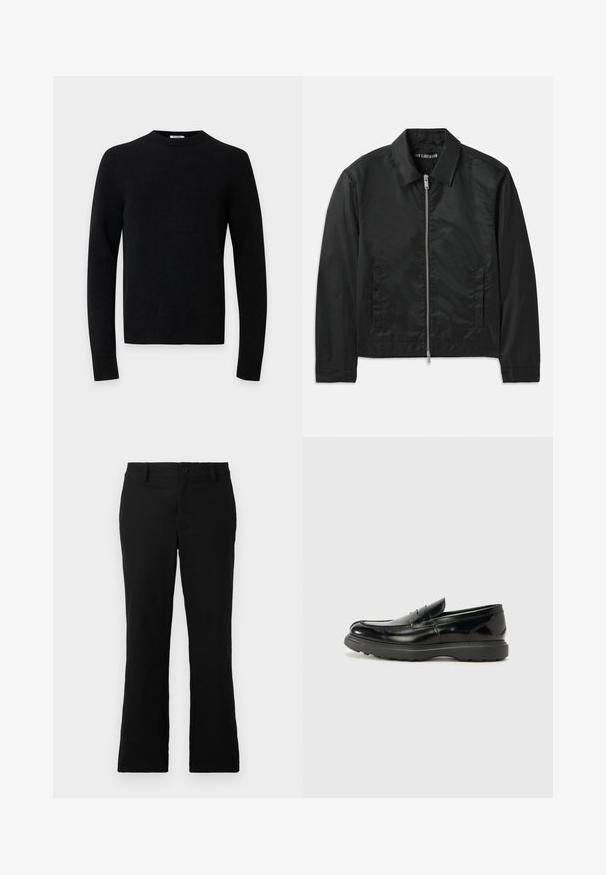 Han Kjøbenhavn BOXY JACKET - Overgangsjakke - black; Sort langærmet rundhalset sweater med ribkant ved kant og ærmer på en ensfarvet lysegrå baggrund.; Sorte flagrende bukser lavet af en blanding af bomuldsstof, med knaplukning, bælteløkker og en glat tekstur uden synlige mønstre.; Sort læderloafer med en blank finish, rund tå, subtile syninger og en tyk gummisål for holdbarhed.