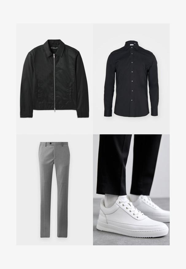 Han Kjøbenhavn BOXY JACKET - Overgangsjakke - black; Sort langærmet skjorte med knapper og klassisk krave. Lavet af glat stof, har frontknapper og rundede manchetter.; Lys grå skræddersyede bukser lavet af glat stof, med lige snit, forcran samt en enkelt knaplukning i taljen.; Hvide lædersneakers med en flad gummisål, der har en glat overflade, rund tå og metaløjer til snørebånd. Bæret med sorte bukser.