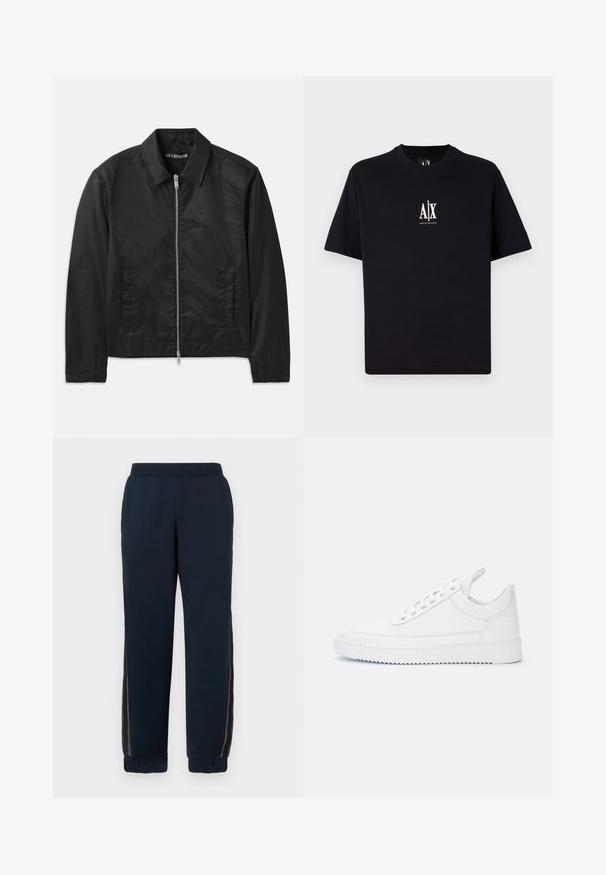 Han Kjøbenhavn BOXY JACKET - Ľahká bunda - black; Čierne tričko s krátkym rukávom vyrobené z bavlny. Obsahuje malé biele logo "A|X" na hrudi. Jednoduchý, obdĺžnikový strih so štandardným okrúhlym výstrihom.; Námořnické tepláky s jemnou texturou, zúženými manžetami a síťovinovými bočními panely. Elastický pas pro pohodlí a volný střih.; Biele nízke tenisky so šnurovaním, prešívanými detailmi, pútkom na päte a drážkovanou podrážkou na jednoduchom svetlom pozadí.