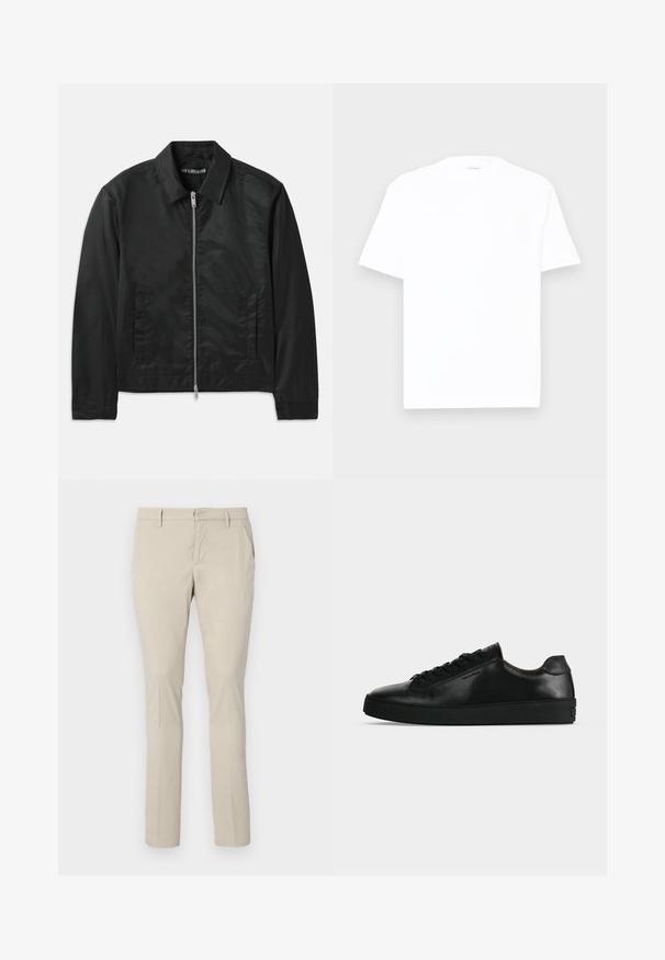 Han Kjøbenhavn BOXY JACKET - Veste mi-saison - black; T-shirt en coton blanc avec un col rond, des manches courtes et une coupe décontractée. Texture lisse, détails minimaux, sans motifs ni graphiques.; Chinos beige avec une coupe droite, dotés de poches latérales et d'une texture de tissu lisse. Aucuns motifs visibles ni détails métalliques.; Basket basse en cuir noir avec lacets noirs et semelle épaisse noire, vue de profil sur fond gris clair.