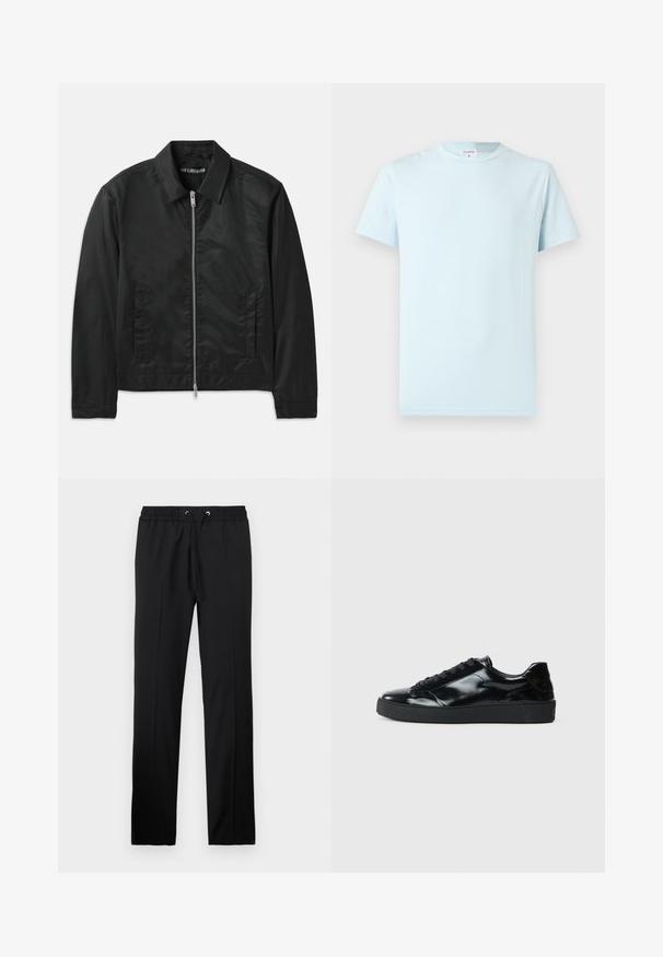 Han Kjøbenhavn BOXY JACKET - Übergangsjacke - black; Hellblaues T-Shirt mit kurzen Ärmeln aus weicher Baumwolle. Verfügt über einen klassischen Rundhalsausschnitt und ein minimalistisches Design ohne Muster oder Verzierungen.; Iceberg PANTALONI - Stoffhose - nero; Schwarze Lackledersneaker mit runder Zehenform, Schnürdesign, strukturiertem Gummisohle und glatter Oberfläche.