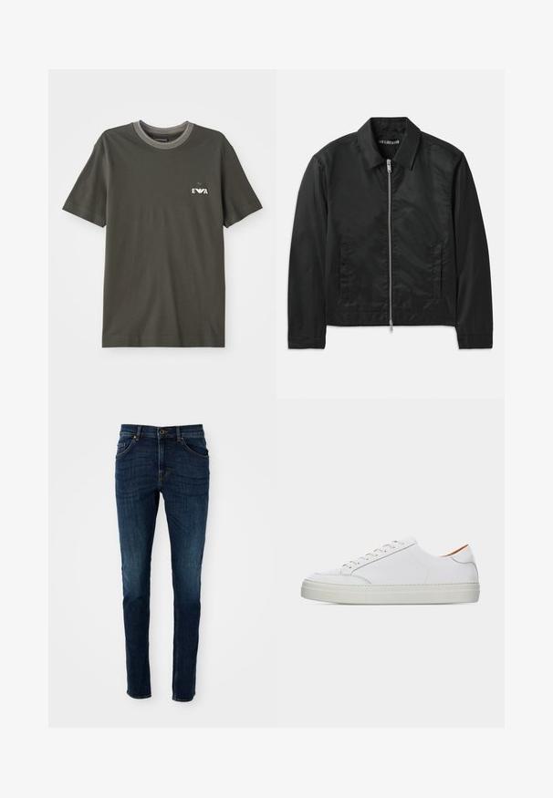 Han Kjøbenhavn BOXY JACKET - Kerge jope - black; Õlivärvi puuvillane T-särk ümarate kaelustega, millel on kontrastne triibuline krae ja väike logo märk rinnal.; Tumed sinise denimist teksased, kitsas lõige, struktureeritud disain, viie tasku stiil ning kerged pleekimisdetailid jalgade ja õmbluste ääres.; Valge madala lõikega nahast toss, millel on paeltega esiosa, paks tall, ja minimaalne õmbluste detail helel taustal.