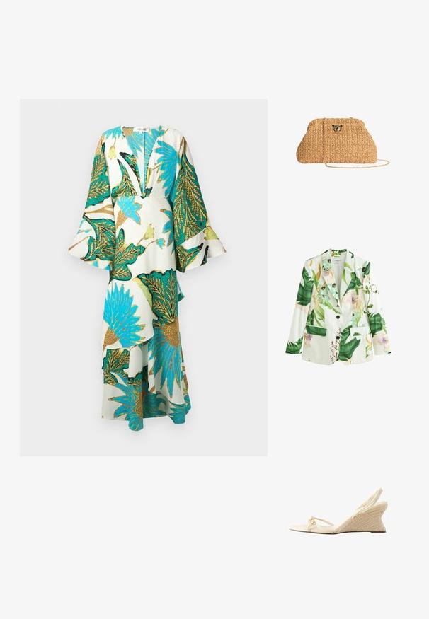 Hvid blazer med grønne tropiske blade og pastel blomstermønster, enkelt sort knaplukning og to forlommer med klap.; Lang, flydende kjole med dyb V-hals, klokkeærmer og levende tropiske bladmønstre i teal, guld og grøn på en lys baggrund.; Beige kile sandal med flettet jutahæl, tynde knyttede frontstropper og elastisk slingback-strop.; Beige vævet clutchtaske med en guldkæde som rem og et lille metallisk panterhovedemblem foran.