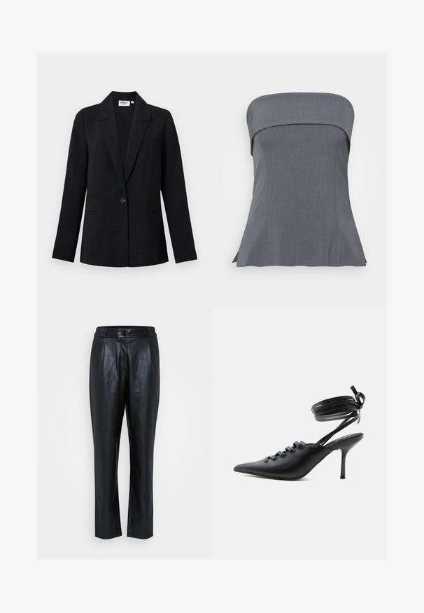 Blazer noir texturé à bouton unique avec revers crantés et deux poches passepoilées à l'avant, présenté sur un fond clair.; Haut gris sans bretelles avec un décolleté droit, une coupe ajustée et un ourlet évasé. Le tissu a une texture lisse, adapté pour des occasions décontractées ou formelles.; Pantalons en cuir noir avec une texture lisse, design à jambe fuselée, taille élastique et détails de couture à l'avant. Adaptés pour un port décontracté ou formel.; Chaussure à talon haut noire à bout pointu avec laçage à l'avant et brides enroulées autour de la cheville nouées en nœud, vue de côté sur fond blanc.