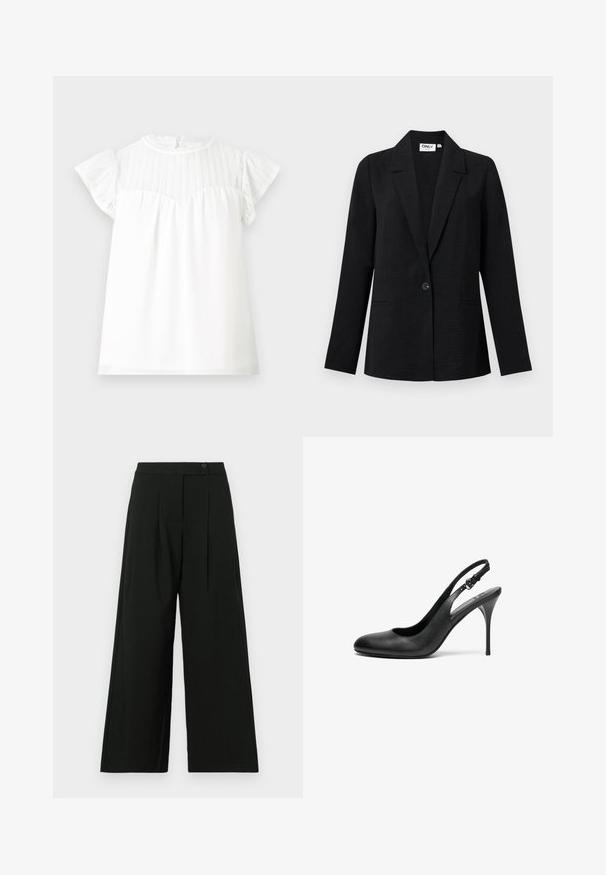 Schwarzer, strukturierter Blazer mit einem Knopf, Rauten-Revers und zwei vorderen Paspeltaschen, präsentiert vor hellem Hintergrund.; Weißes Kurzarmshirt mit einem strukturierten Spitzenansatz, Rüschenschultern und einem gerafften Oberteil. Schlüsselspaltverschluss im Rücken mit gewelltem Rand.; Schwarze, hoch taillierte Hose mit weitem Bein, vorne mit Bundfalte und Knopfverschluss. Hergestellt aus glattem Stoff ohne sichtbare Muster.; Schwarze Leder Slingback-Pumps mit spitzem Zeh, dünnem Stiletto-Absatz und verstellbarem Riemen. Glatte Textur und minimalistisches Design.