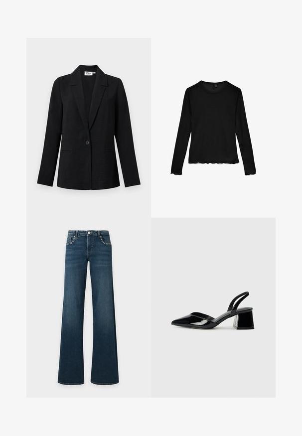 Zwart gestructureerd blazer met één knoop, met notch-revers en twee voorste paspelzakken, afgebeeld tegen een lichte achtergrond.; Zwart shirt met lange mouwen en ronde hals, met geschulpte randen aan de mouwen en zoom, plat gelegd op een witte achtergrond.; Donkerblauwe flared jeans met zilveren studs langs de voorzakken, knoopsluiting en riemlussen, plat neergelegd op een witte achtergrond.; Zwarte gepatineerde leren slingback hakken met een spitse neus en een geometrische blokhak. Kenmerkt zich door een slank, minimalistisch ontwerp en een gladde textuur.