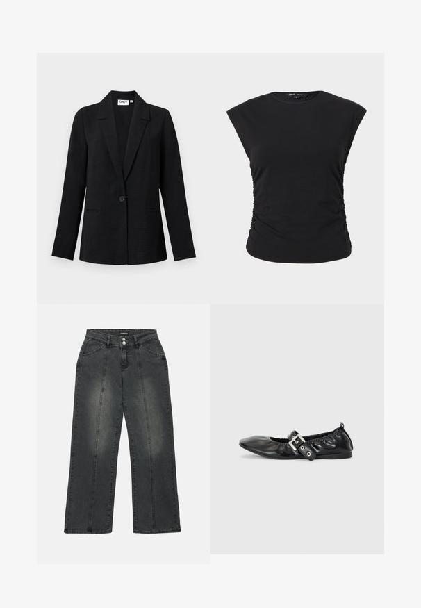 Blazer noir texturé à bouton unique avec revers crantés et deux poches passepoilées à l'avant, présenté sur un fond clair.; Haut noir sans manches froncé sur le côté avec encolure ronde, coupe ample aux épaules et détail cintré à la taille, présenté sur un fond uni.; Jean large en denim gris foncé, avec une taille haute, deux poches avant, des coutures centrales et un léger dégradé sur le tissu.; Chaussure plate en cuir noir avec un nez pointu, des détails froncés autour de l'ouverture et un accent en boucle argentée sur la bride ajustable.